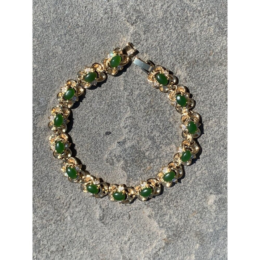 14 Stone Green Jade Filagree with 28 White Crystal Set Stone 7.5" Bracelet .36"W